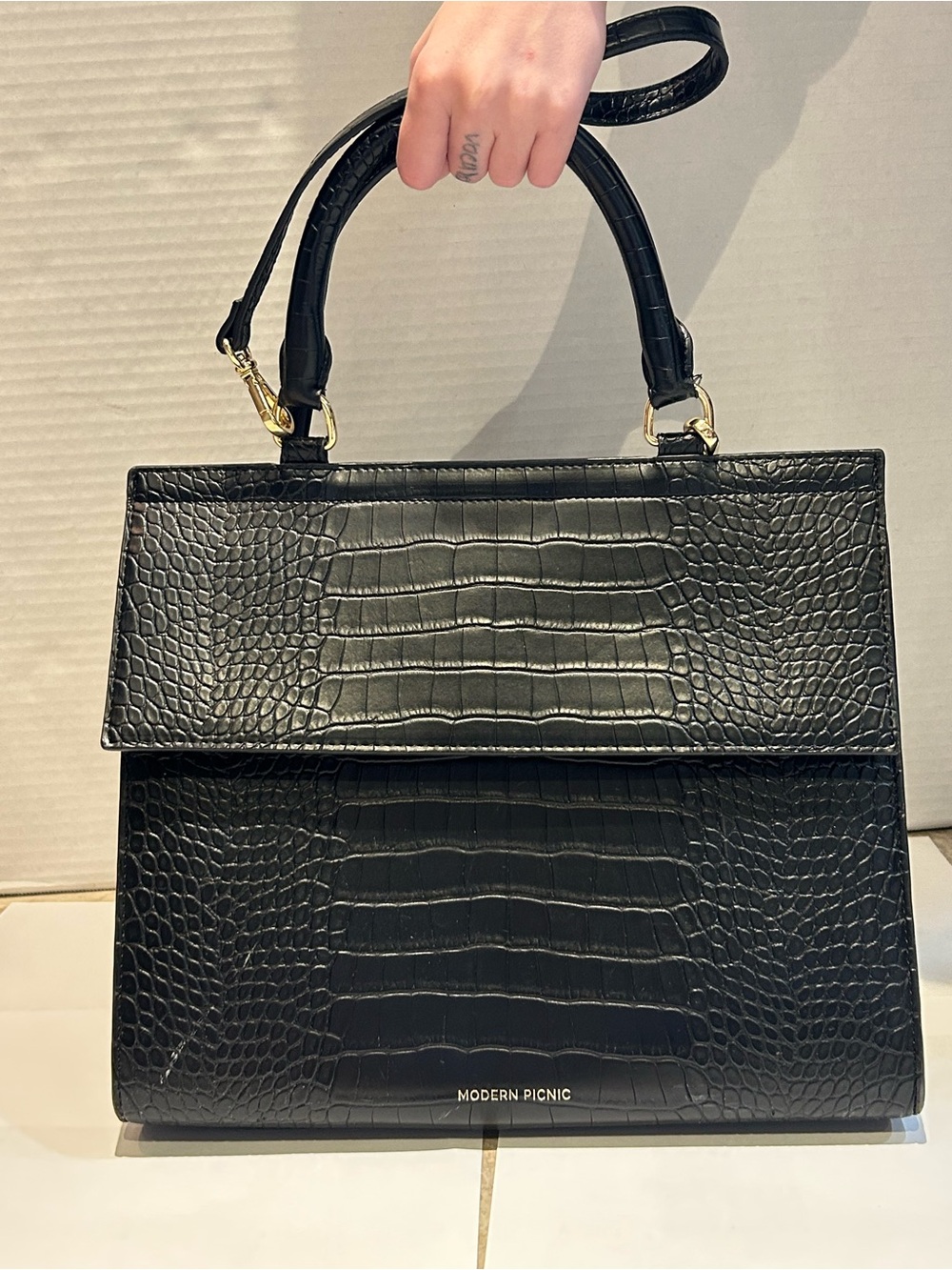 Modern Picnic Black Croc-Embossed Lunch Tote